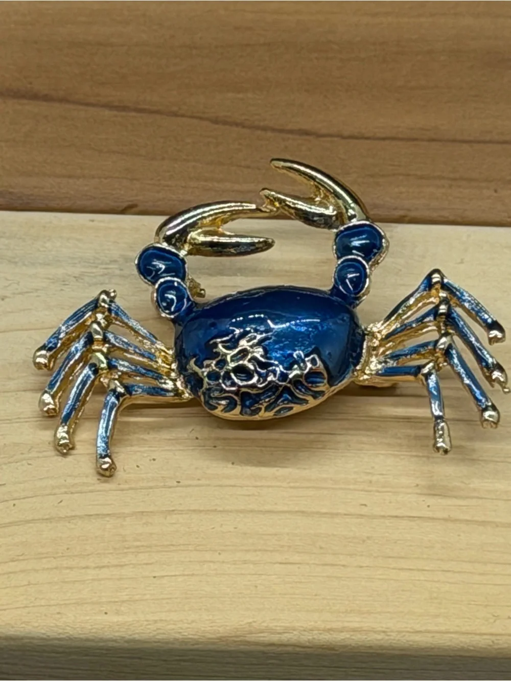 Vintage Blue Enamel Crab Brooch Gold Tone Coastal Beach Nautical Figural Pin